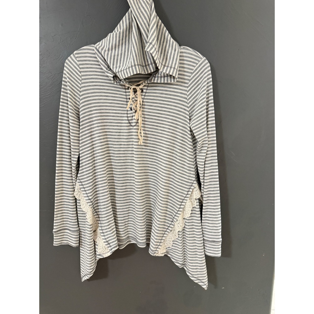 Rewind Womens Grey Striped Lace-Up Hoodie Crochet Trim Sharkbite Hem Medium